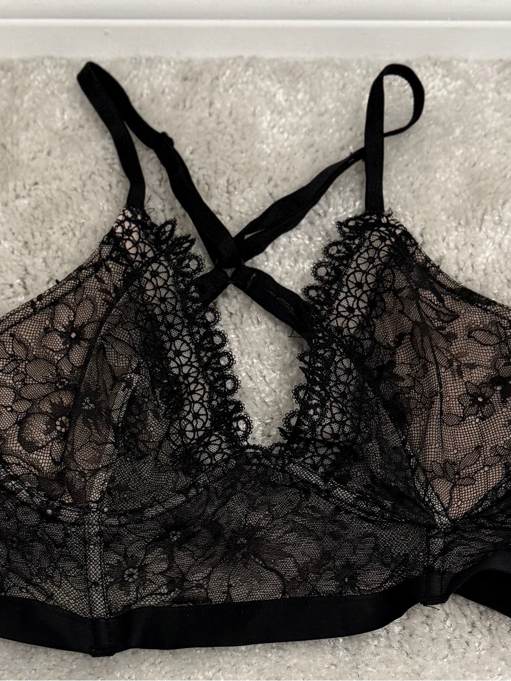 Victoria's Secret Black Floral Lace Bralette with Crisscross Straps
